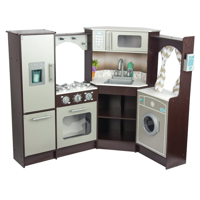 Kids House Master Chef: Cocina de Juguete para Niños, Modular Esquinada con Microondas, Lavabo, Cortinas Elegantes y Espacio de Almacenamiento Integrado