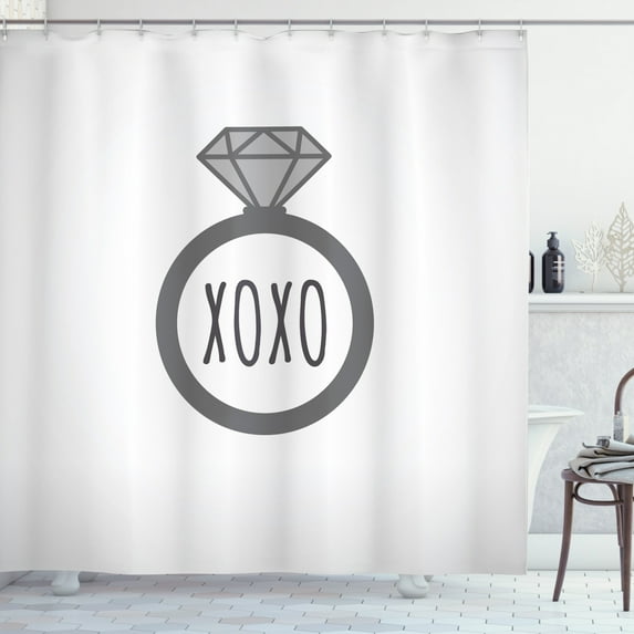 XOXO Shower Curtain, Wedding Ring Illustration with XOXO Calligraphy Proposal Engagement, Fabric Bathroom Set with Hooks, 69W X 70L Inches, Grey Pale Taupe and Pale Grey, by Ambesonne