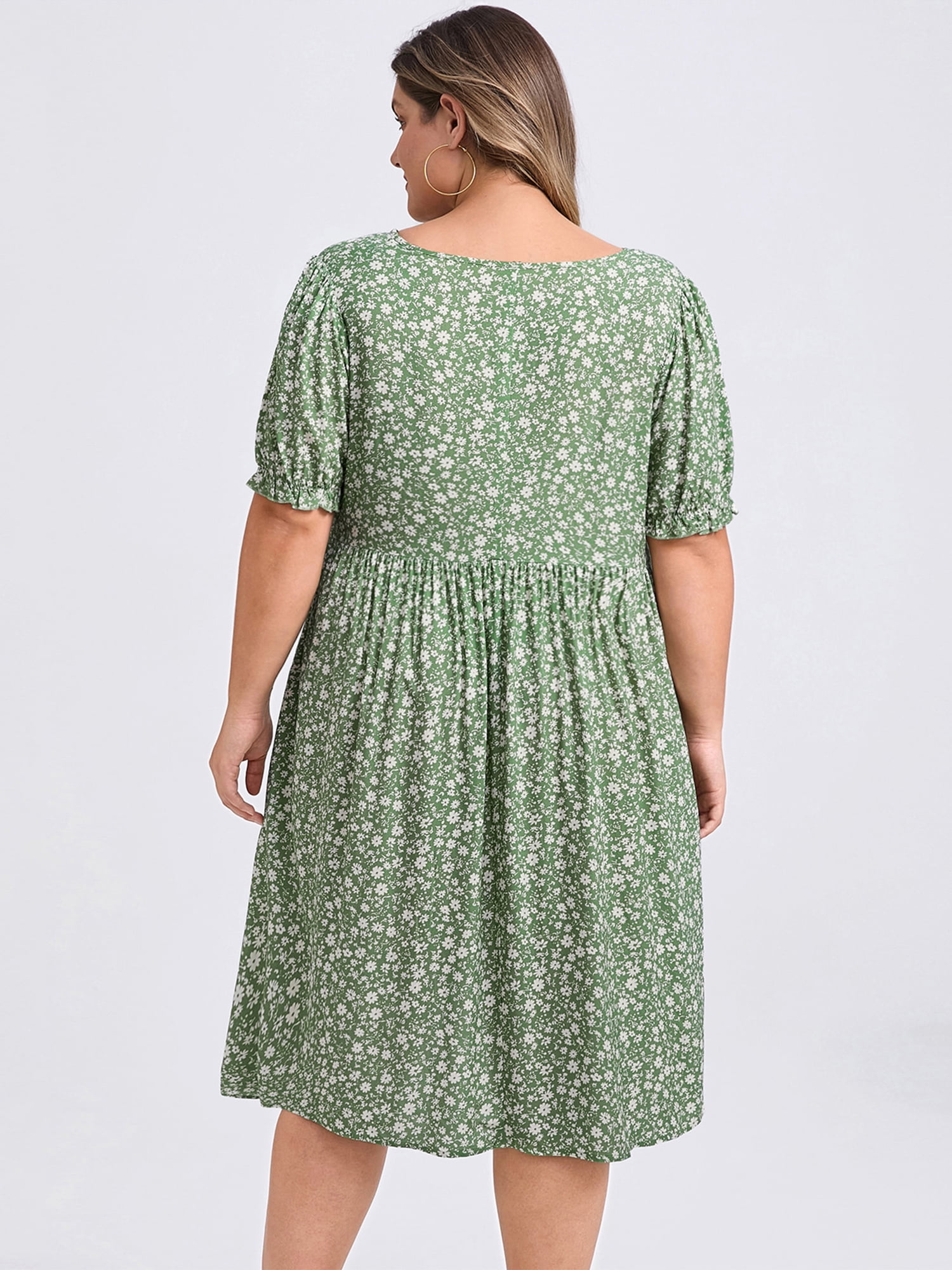 DARING DIVA Plus Size Tie Neck Short Sleeves Floral A-Line Dress 1X Light Green