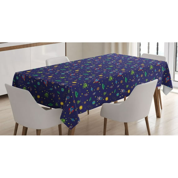 Space Tablecloth, Doodle Style Cartoon Rocket Astronaut and UFO Alien Life Forms Earth Heavenly Bodies, Rectangle Satin Table Cover for Dining Room and Kitchen, 60" X 90", Multicolor, by Ambesonne