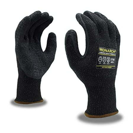 

10-Pack of Cordova 3758M Monarch-Nrl: 13-Gauge Work Gloves Black High Performance Shell Black Natural Rubber Latex Palm Coating ANSI Cut Level A4 Medium