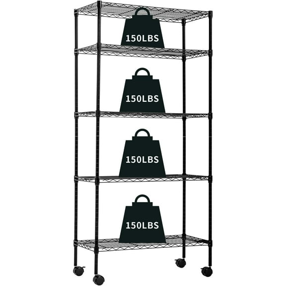 QRKD Garage Shelving, Metal Shelves 5 Tier Wire Shelving Unit Adjustable Heavy Duty Sturdy Steel Shelving Rolling Cart with Casters for Pantry Garage Kitchen, (Black, 14" D x 30" W x 60" H)
