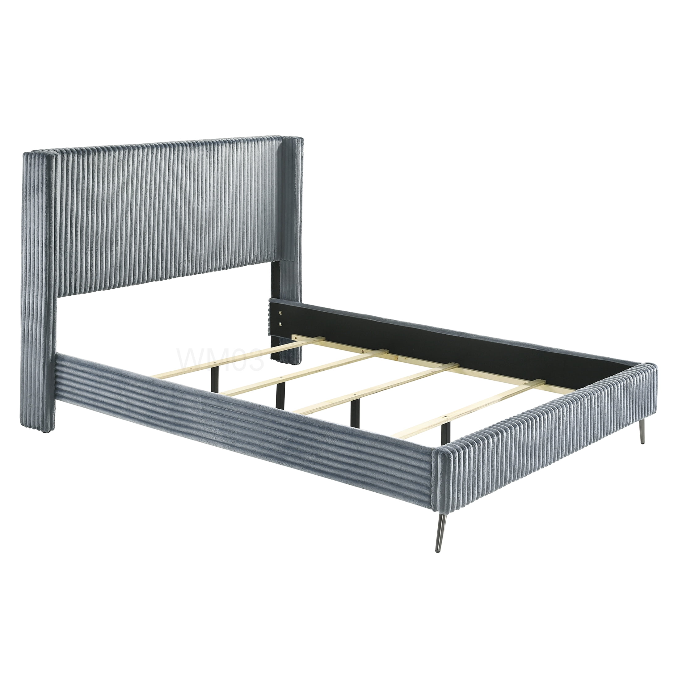 Queen Size Upholstered Bed Frame with Wingback Headboard, Blue Corduroy Fabric, No Box Spring Needed