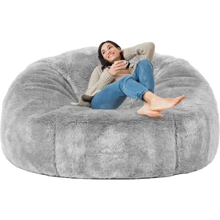 6FT Giant Bean Bag Chair Cover (Cover only, No Filler), Cuopluber Soft Faux RH Fur Sofa Bed Washable Bean Bag Couch Cover for Adult and Kids with Liner, Gray