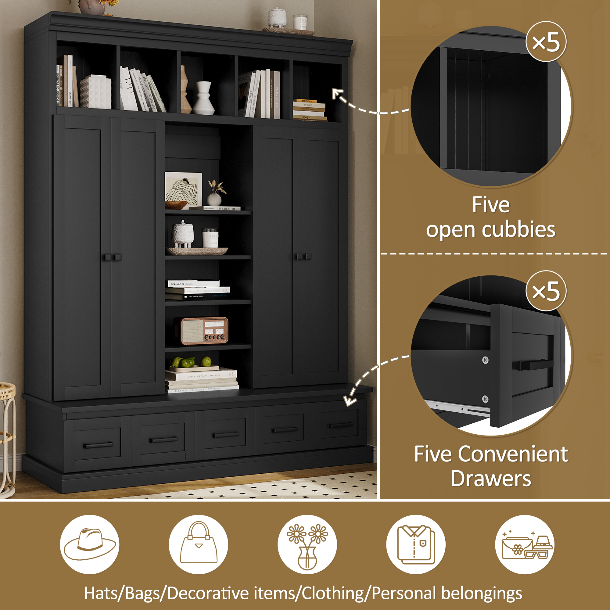 78.7''H Entryway Hall Tree with Drawers, Living Room Storage Bench with Cubbies & Adjustable Shelves, Storage Cabinet for Entryway