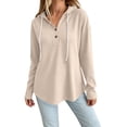 thumbnail image 4 of CQONEPT Waffle Knit Hoodies for Women Lightweight Comfy Pullover Tops Drawstring Long Sleeve Loose Fall Fashion Sweatshirts Blouse Beige M, 4 of 7