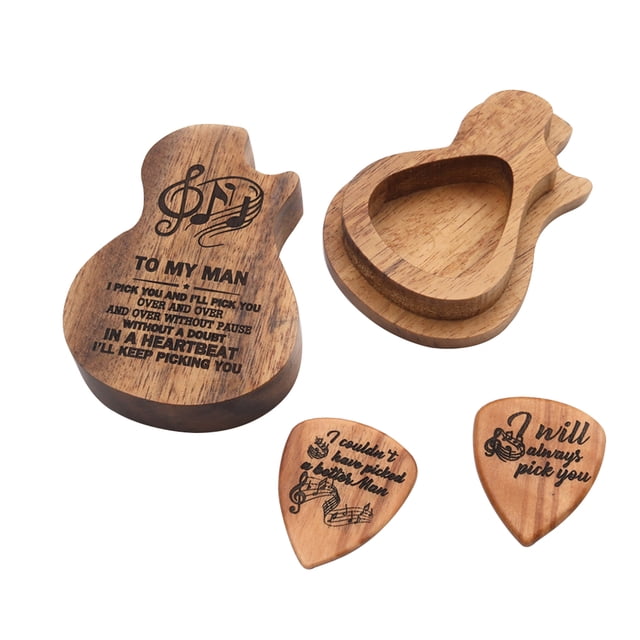 EeaseCA 1 Ensemble/3 Pcs Boîte de Rangement en Forme de Guitare Accessoires de Ramassage de Guitare en Bois (Boîte et 2 Pcs Style Logo)
