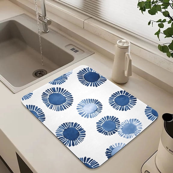 Indigo Blue Print on White Dish Drying Mat for Kitchen Counter Absorbent Drainer Mats (15.7X11.8Inch)
