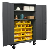 Durham 2502M-BLP-18-2S-95 48 in. 16 Gauge Flush Door Style Lockable Mobile Storage Cabinet with 18 Yellow Hook on Bins & 2 Adjustable Shelves, Gray