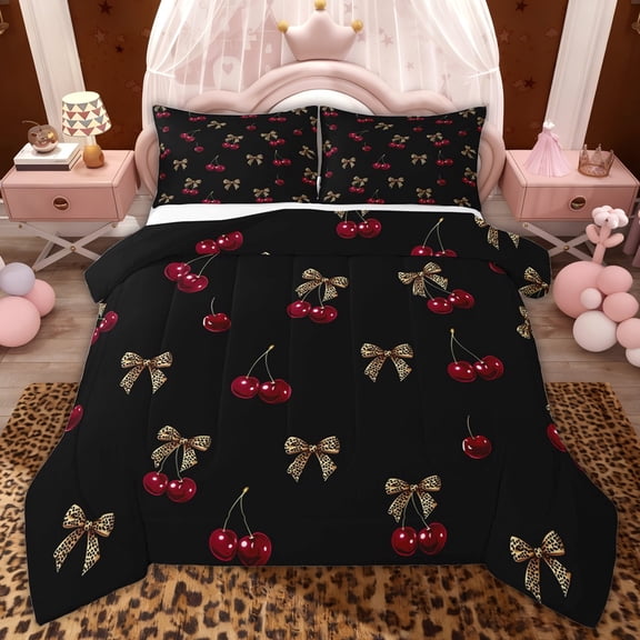 Erosebridal Red Cherry Leopard Print Bow Queen Comforter Set for Girls, Cherry Bow Bedding Comforter Set, Black Reversible, 3pcs