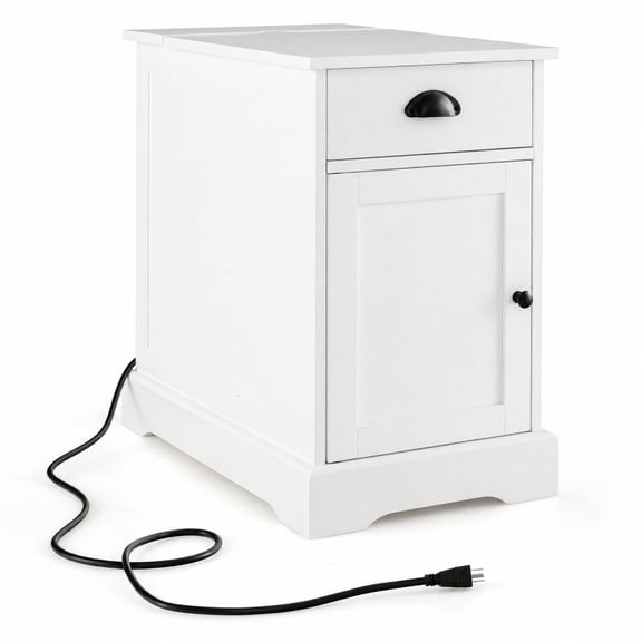 Furnibear End Table with Charging Station Flip Top and Drawer Cabinet Magazine Holder for Living Room Bedroom Sofa Side Narrow Spaces, White