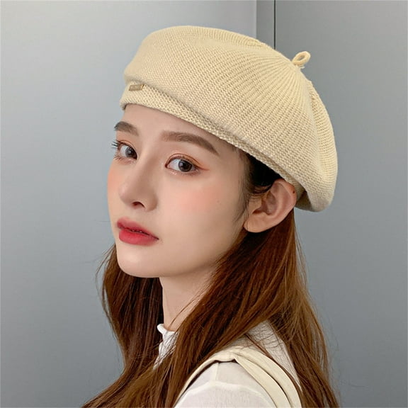 Women's Berets New Casual Versatile Solid Colour Wool Knitted Beret Outdoor Warm Cap Simple Painter Hat Female,White Women's Accessories Berets M