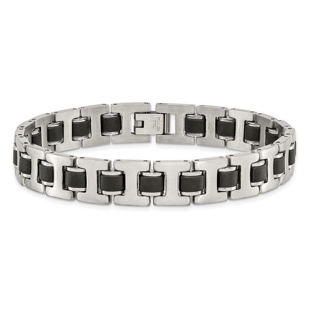 Diamond2Deal Stainless Steel Brushed with Black Rubber Bracelet for Men 8.5"