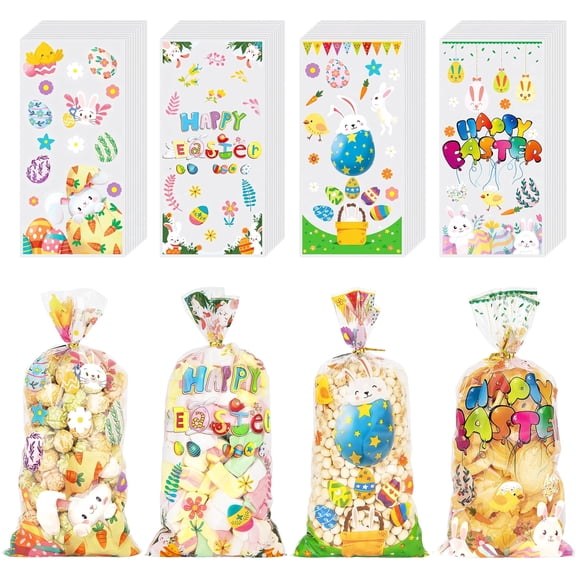 HiberyHom Easter Treat Bags, 4 Styles 200 Pieces Easter Clear Cello Candy Goodies Bags with 220 Twist Ties, Happy Easter Gift Bag for Easter Party