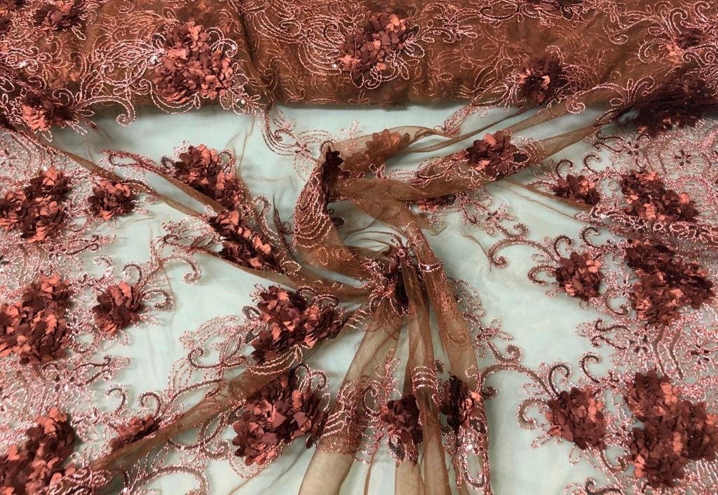 Brown Floral Appliqué Net Lace Fabric, Apparel, Home Decor