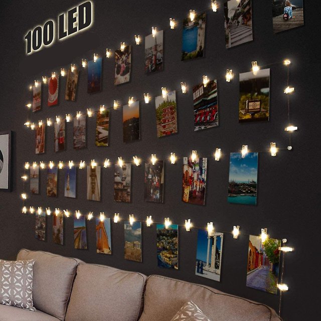 Luces de hadas con clips de fotos LED para decoración de habitaciones, 10 m, 100 luces de hadas LED con 50 clips