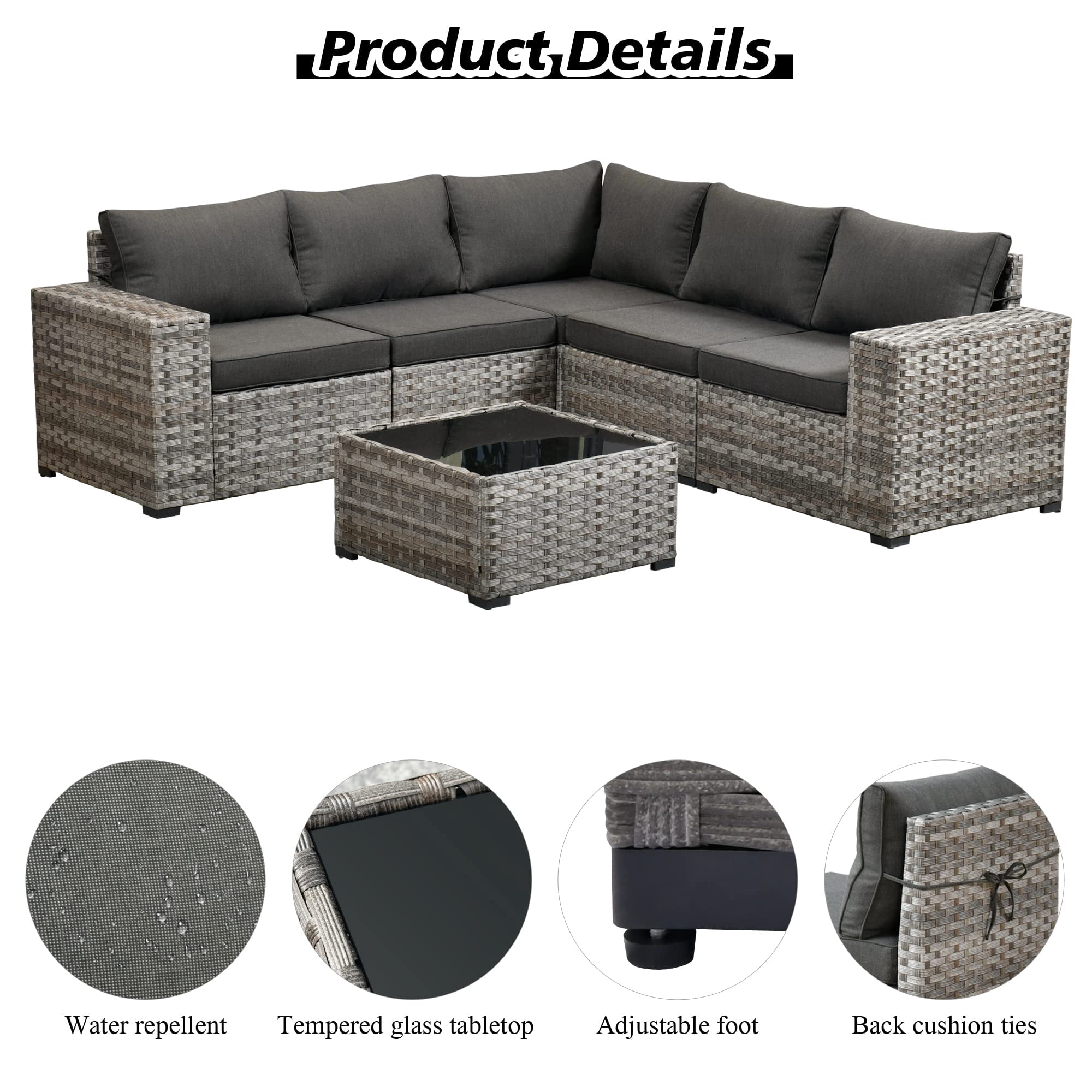 Vcatnet 6 Pieces Patio Furniture Outdoor Sectional Sofa Wicker Conversation Set with Coffee Table for Garden,Poolside,Black