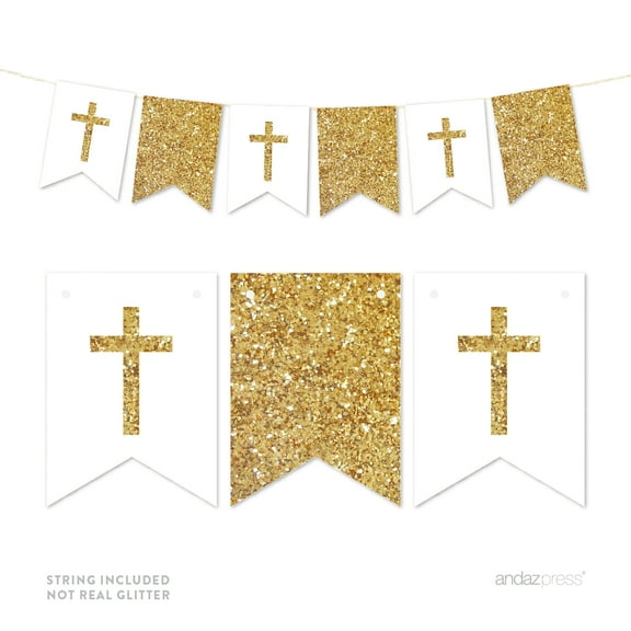 Gold Gold Glitter Baptism Communion Christening Pennant Party Banner