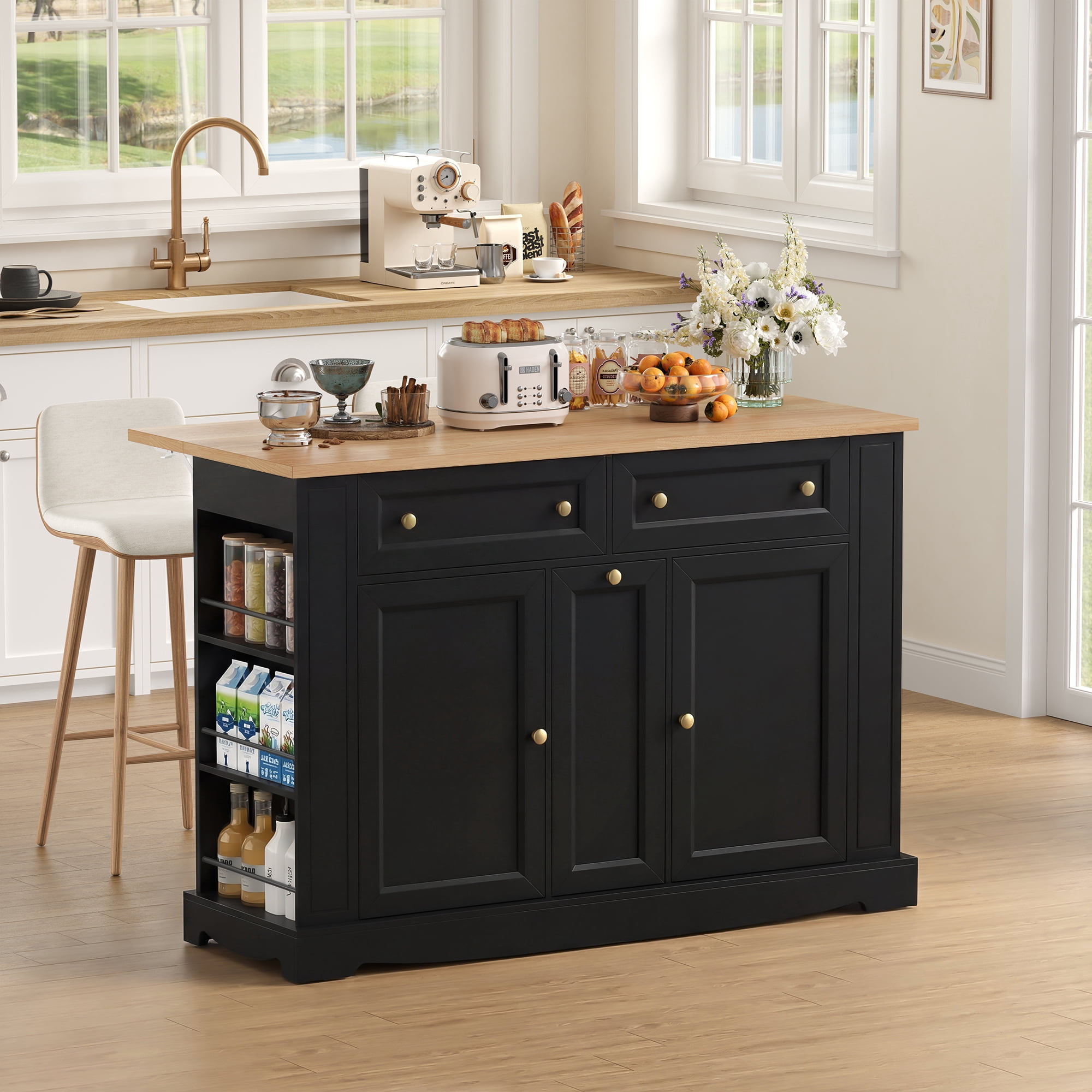 Homfa Mobile Kitchen Island with Rubberwood Countertop, 3 Drawer 2 Door Kitchen Cart with Drop Leaf and Casters for Kitchen Dining Room, Black