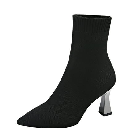 

Ladies Fashion Breathable Color Knitted Mesh Pointed Thick High Heel Short Bootsboots Womens Shoes For Women