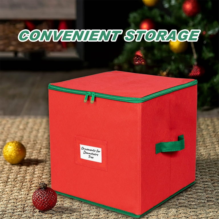 PayUSD Christmas Ornament Storage Box Stores up to 64 Holiday Ornaments  Non-Woven Tear-Proof Christmas Ornament Storage Containers Xmas Ornament  Organizer Storage Box, 3 inch Cube Compartments, Red 