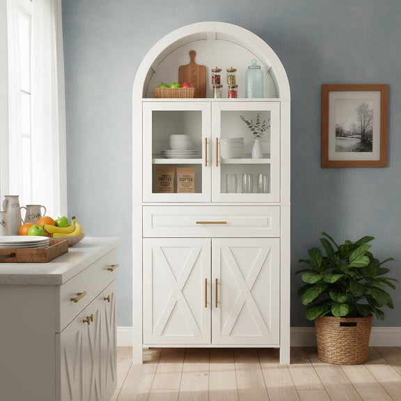 71 Tall Arched Pantry Cabinet, Farmhouse Wood Kitchen Cabinet with Large Drawers, 6-Tier Barn Doors Storage Cabinet with Adjustable Shelf for Living Room,Dining Room,White