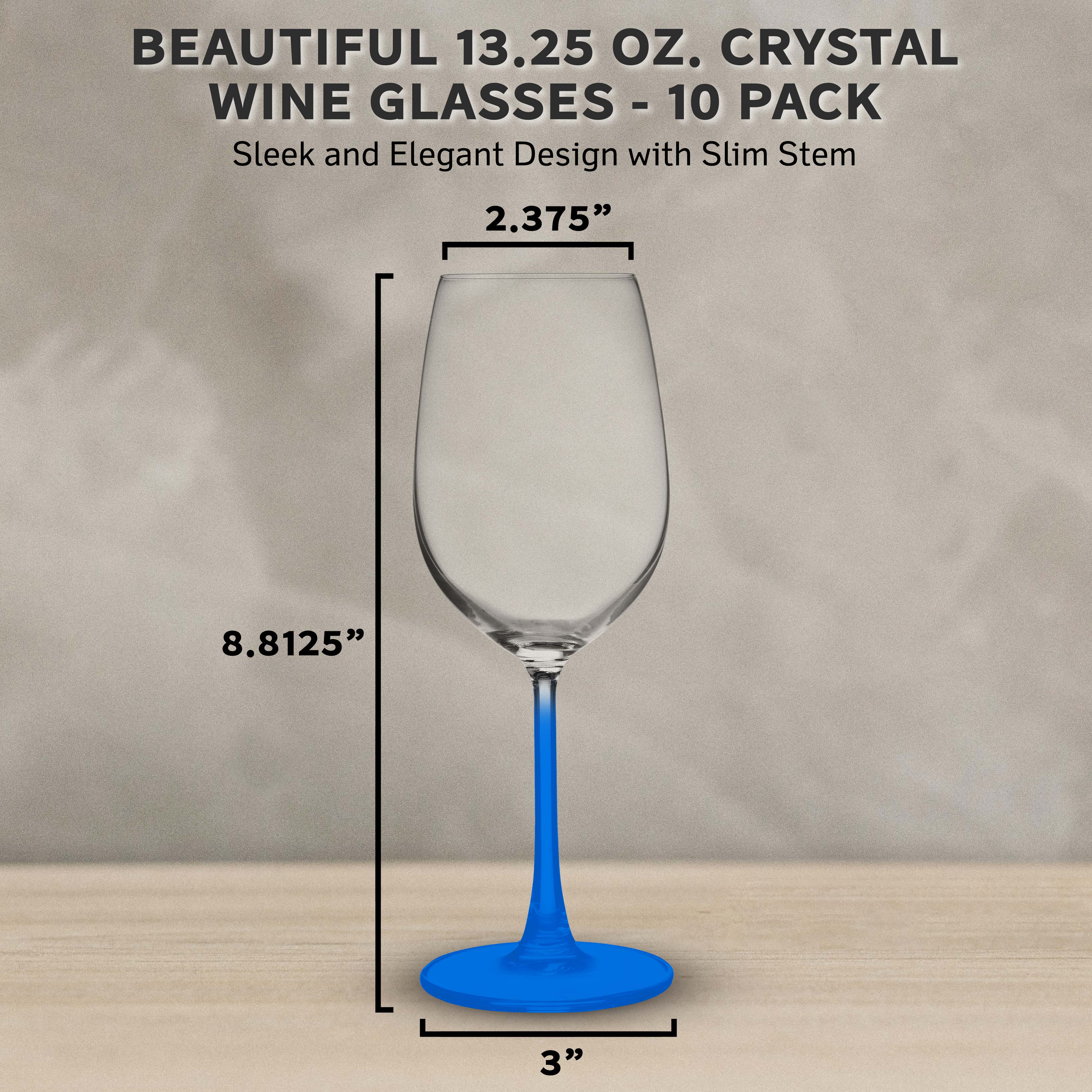 10 Crystal Wine Glasses Set, 13.25 oz. - Elegant, Lightweight, Barware - Blue