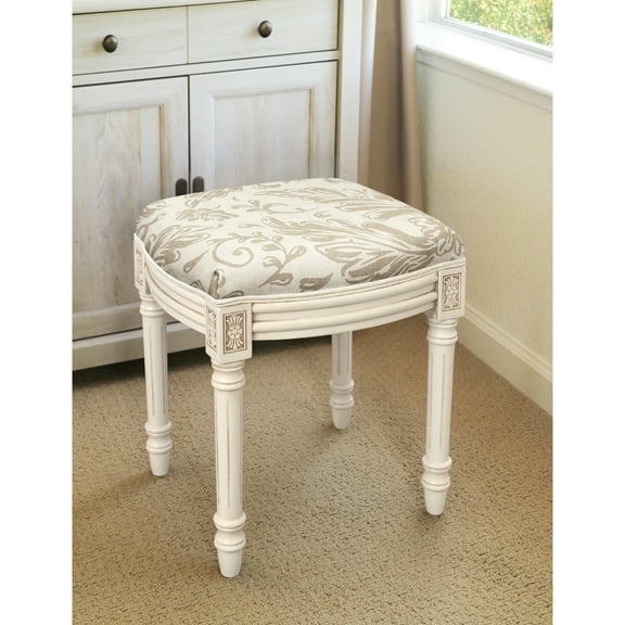 123 Creations Taupe Tuscan Floral Vanity Stool antique white finish