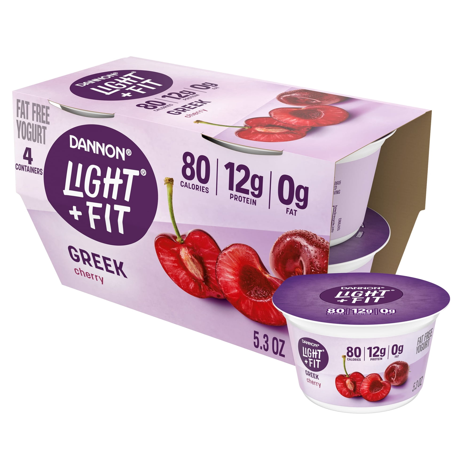 Dannon Light + Fit Cherry Greek Fat Free Yogurt Cups, Convenient Anytime Snacks, 5.3 oz, 4 Count