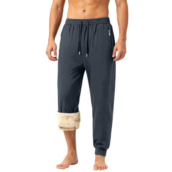 Men's Sherpa Lined Fleece Pants Thermal Warm Casual Drawstring Elastic Waisted Joggers with Zipper Pockets