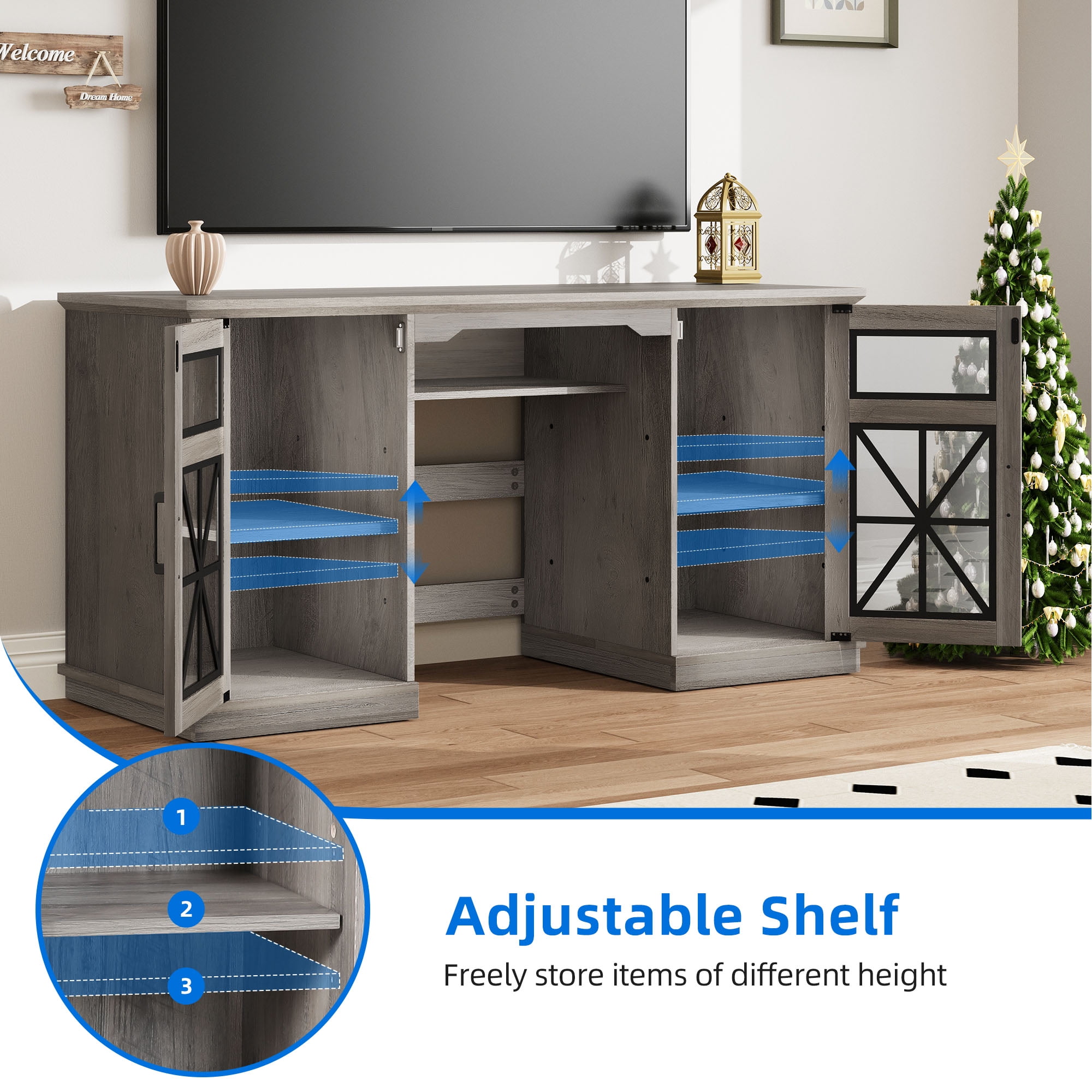 Dextrus Farmhouse TV Stand for TVs up to 65'' w/Glass Doors, Highboy Entertainment Center Cabinet, Gray