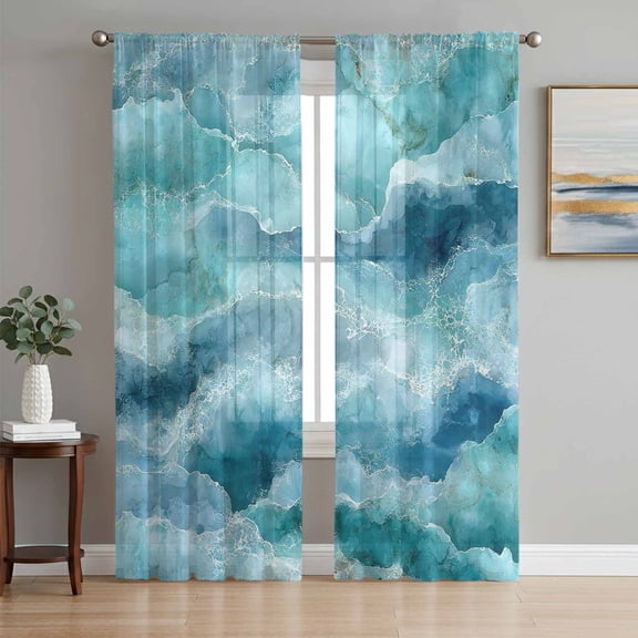 Turquoise Coastal Sheer Curtains 72 Inch Length 2 Panels Set, Modern Abstract Beach Waves Ocean Voile Window Treatment Rod Pocket Curtains Sheers Drapes for Bedroom/Living Room/Kitchen 52"x72"x2