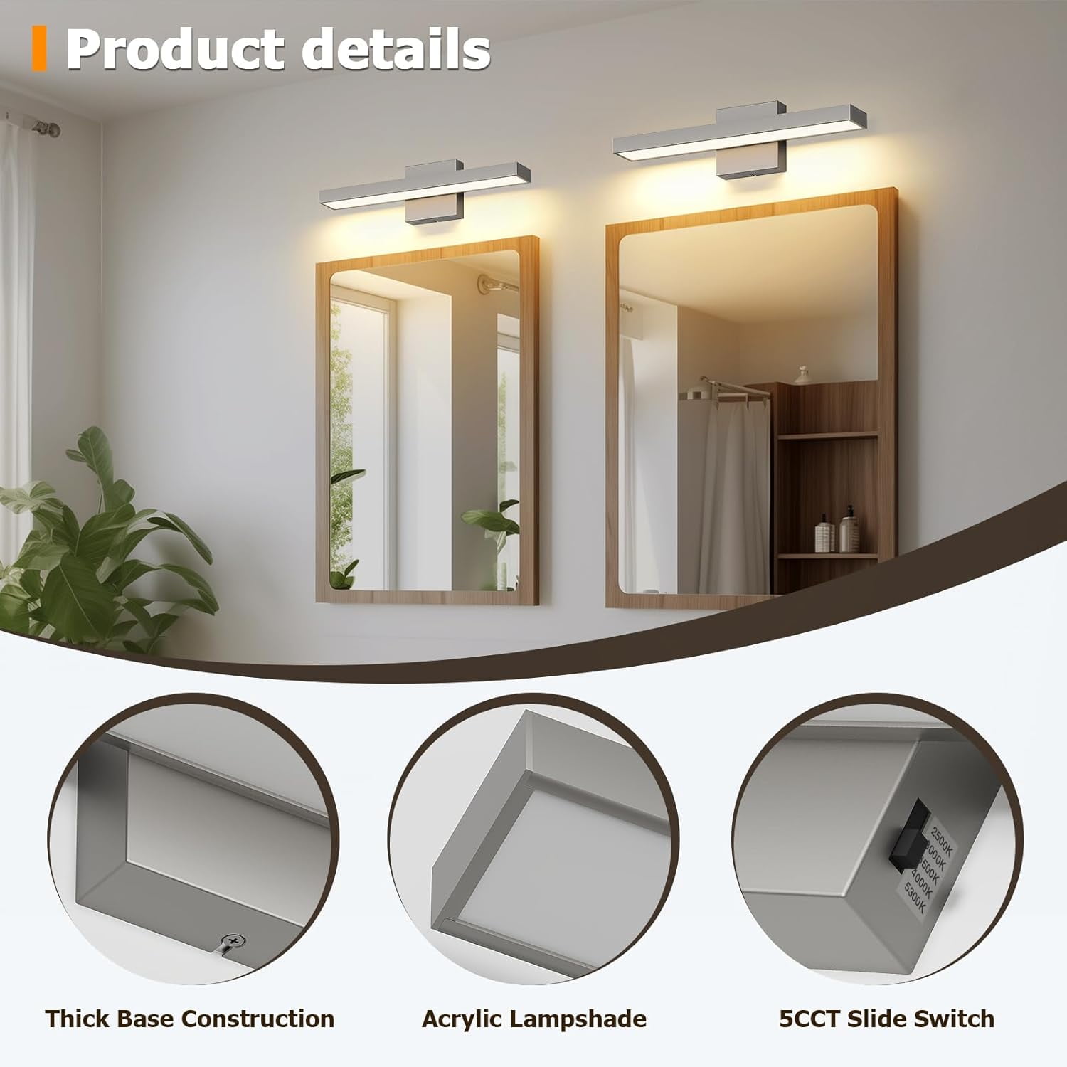 Brushed Nickel Vanity Light for Bathroom 5CCT Dimmable Modern Bathroom Lighting Fixture Over Mirror 16.53 inch Bath Vanity Lights Bar