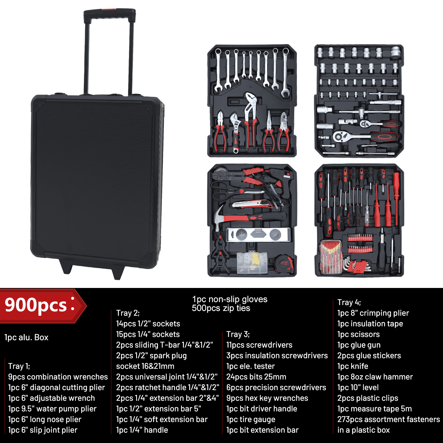 Hantinstom 900PCS Complete Home Tool Set Versatile Rolling Tool Kit for Professional Repair and Maintenance - Heavy and Duty Portable Tool Box with Wheels