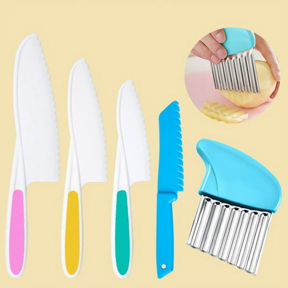 5 Pcs Kids Knife Set, Kids Safe Cooking Knives, Nylon Kids Kitchen Knife with Crinkle Cutter, Serrated Edges Plastic Toddler Knife Kids Knives for Real Cooking & Cutting Fruit, Bread, Lettuce, Type 3