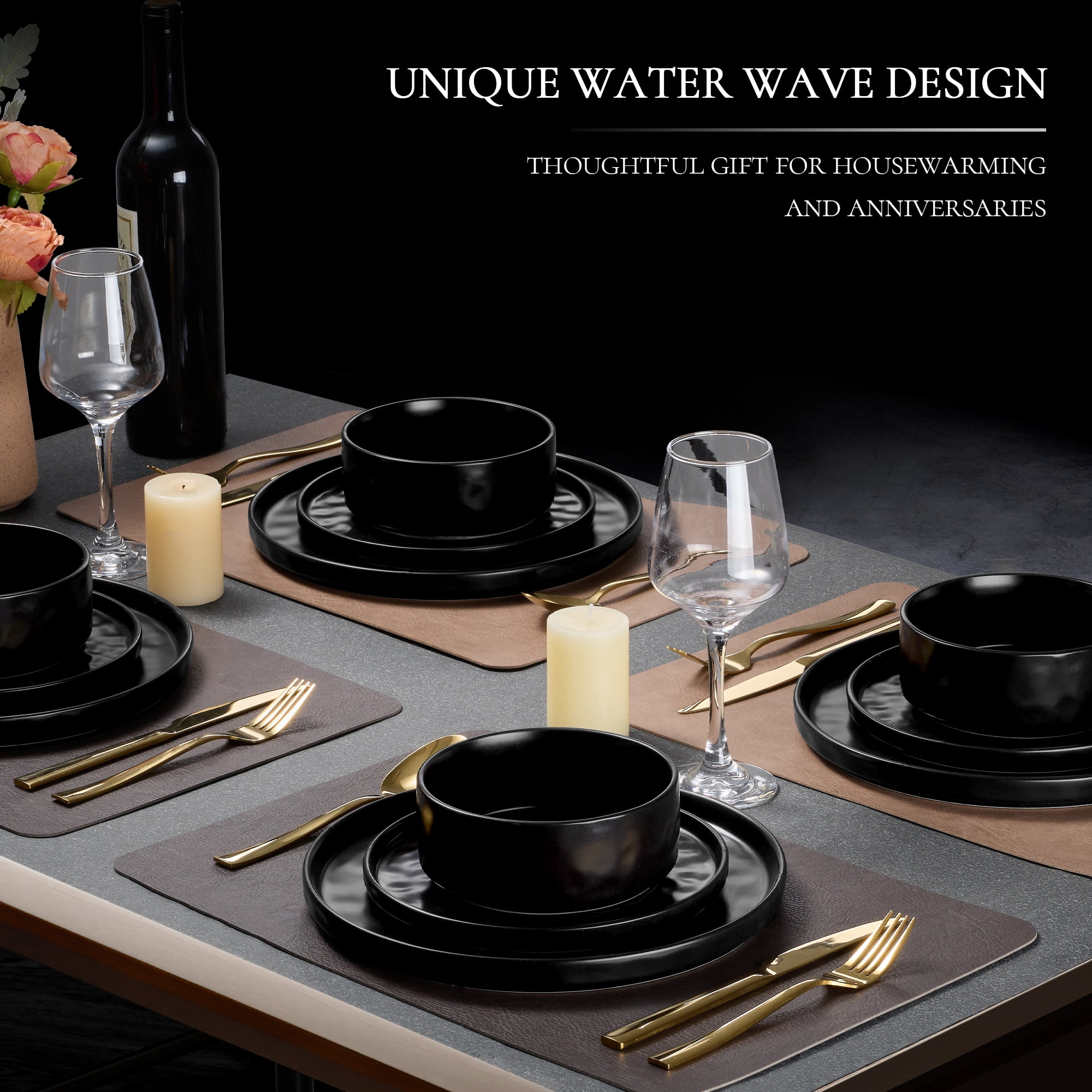Vesteel Dinnerware Sets, 12-Piece Stoneware Plates and Bowls Set, Dishes Set for 4, Elegant Ceramic Dinnerware for Home Restaurant - Matte Black