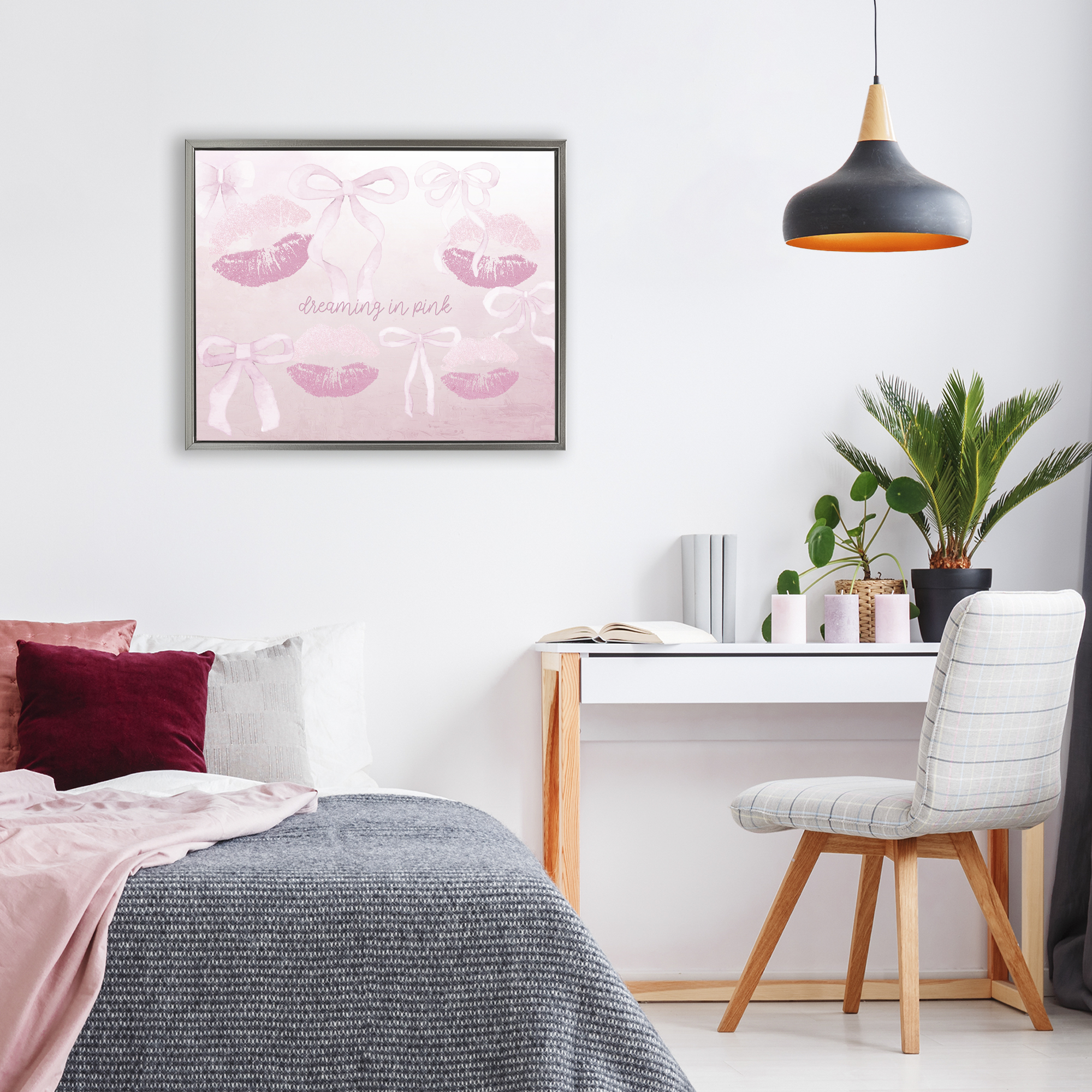 Dreaming In Pink Gray Framed Floater Canvas Wall Art, design by Kim Allen