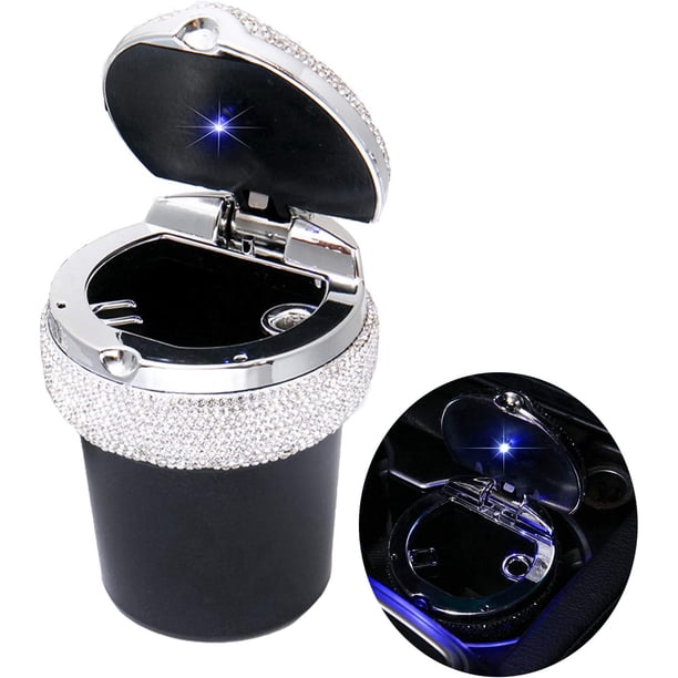 Cenicero para coche con brillo, portavasos cilíndrico portátil antihumo con luz LED azul, accesorio para mujer, ideal para coches.