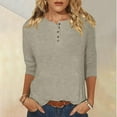 thumbnail image 2 of Oalirro Khaki Crew Neck Long Sleeve Tops for Women Dressy Casual Women's Round Neck Button Seven Quarter Sleeve 3/4 Sleeve T-shirt Loose Top, 2 of 5