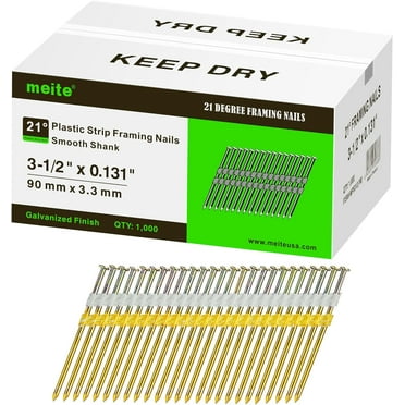 1,000 PCS MEITE Framing Nails, 21 Degree 3-1/2" X 0.131", Round Head Galvanized Nails, Smooth Shank for Framing Nail Guns