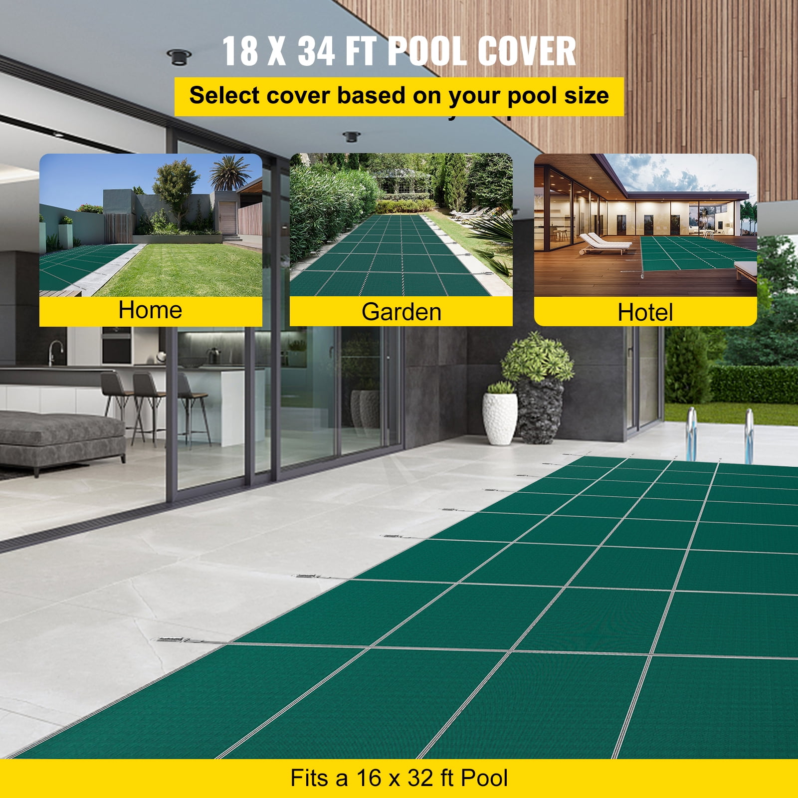 KFFKFF Rectangular Safety Pool Cover 16X32 FT Green Step Section 4X8 FT Winter Outdoor
