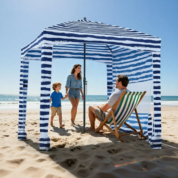 VEVOR Beach Cabana, 6 x 6 ft Beach Canopy with Side Wall, UPF 50+ Protection Easy Setup Cabana Tent with Sand Pockets, Portable Shade Sun Shelter Umbrella for Whole Family & Friends, Navy Stripes