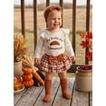 thumbnail image 6 of Loicainy 4Pcs Infant Baby Girl Thanksgiving Outfit 3 6 12 18 Months Long Sleeve Crew Neck Croissant Print Romper Plaid Layered Skort Headband Socks Clothes Set, 6 of 9