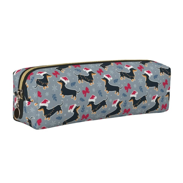 Disketp Christmas Hat Dachshund Estuche de Lápices de Cuero con Cierre, Estuche Compacto para Papelería, Bolígrafos y Accesorios Pequeños