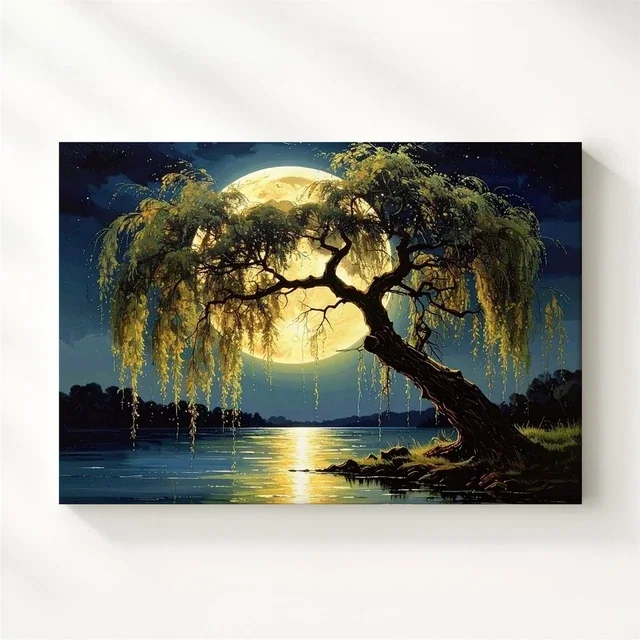Surreal Moonlit Willow Poster Dreamlike Nightscape With Glowing Full Moon Wall Art