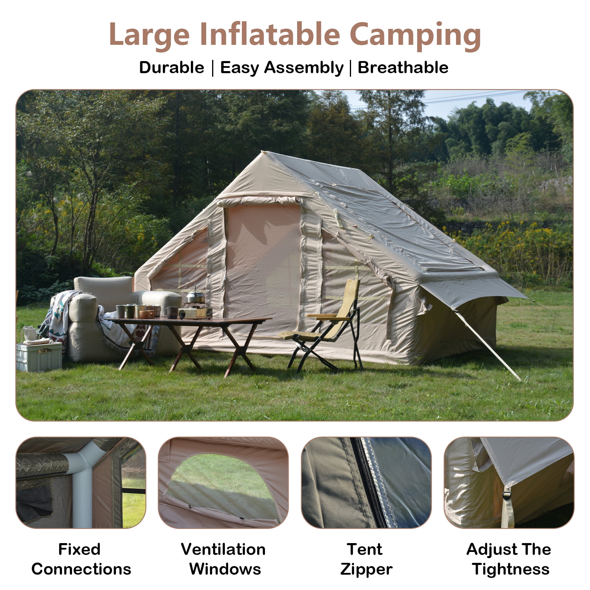 Homefun Inflatable Camping Tent 4 Season Glamping Airbeam Technology 4-6 Person Waterproof Windproof Self-Supporting Instant Setup Portable Outdoor Shelter for Family