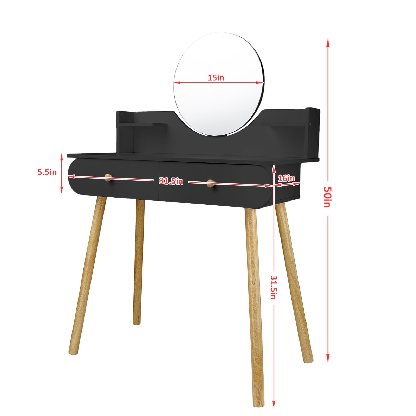 Hurber Vanity Table Set with Mirror, Modern Makeup Vanity Dressing Desk with 2 Drawers & 2 Shelves ,Black (Without Stool)