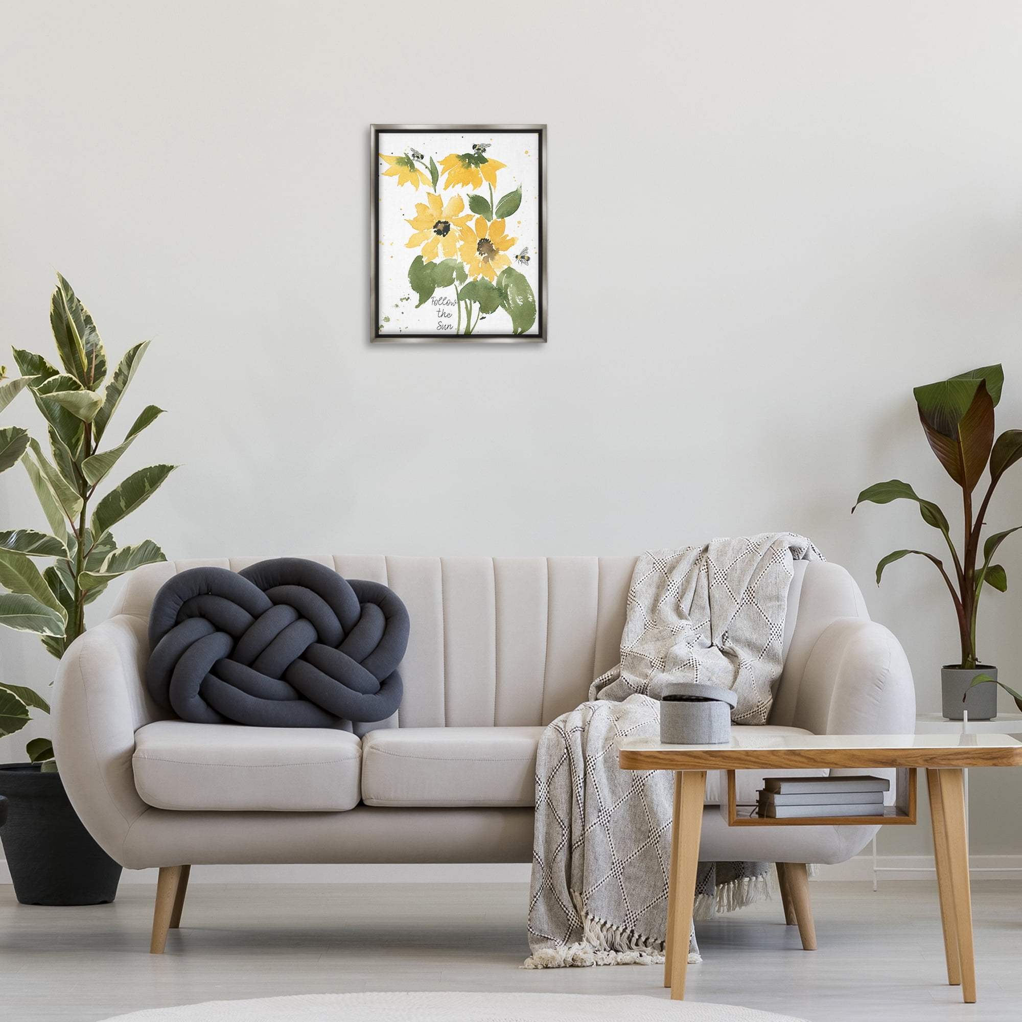 Stupell Industries Follow The Sun Phrase Botanical & Floral Painting Gray Floater Framed Art Print Wall Art, 17 x 21