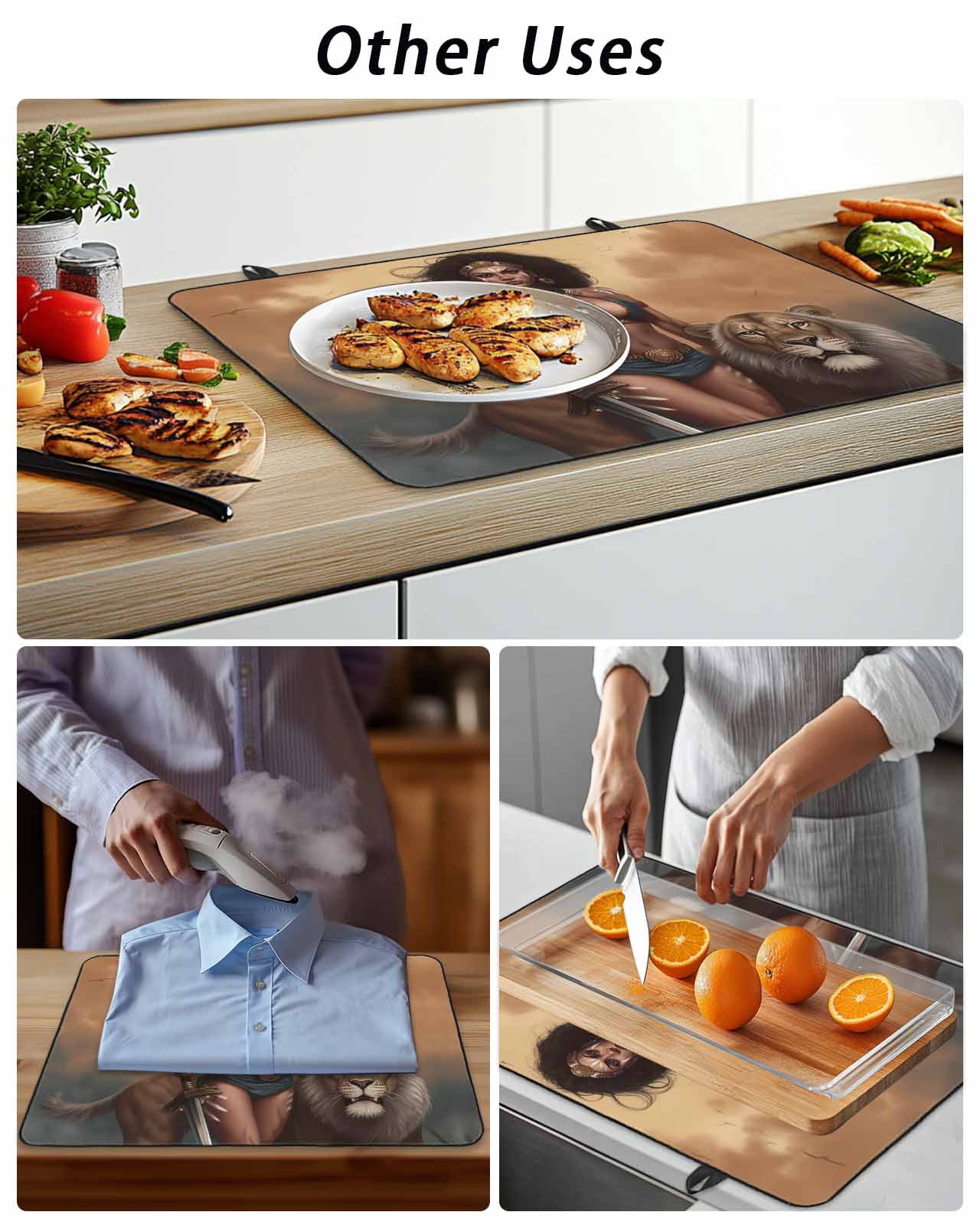 Vintage African Stove Top Covers for Electric Stove, 28'x20'' Tribe Lion and Warrior Woman Glass Ceramic Stove Cover Foldable Rubber Mat Heat Resistant Cooktop Protector for Kitchen
