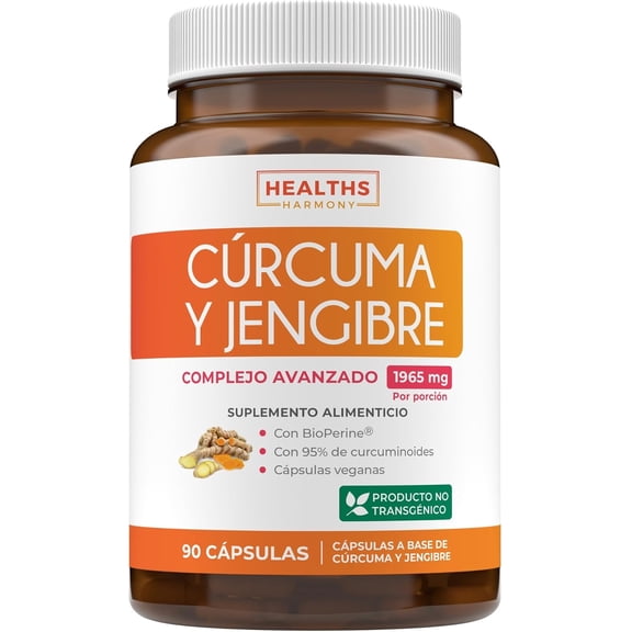 Cúrcuma y Jengibre Healths Harmony, 95% Curcuminoides, Bioperina, Extracto de Jengibre, Suplemento de Apoyo Articular, 90 Cápsulas